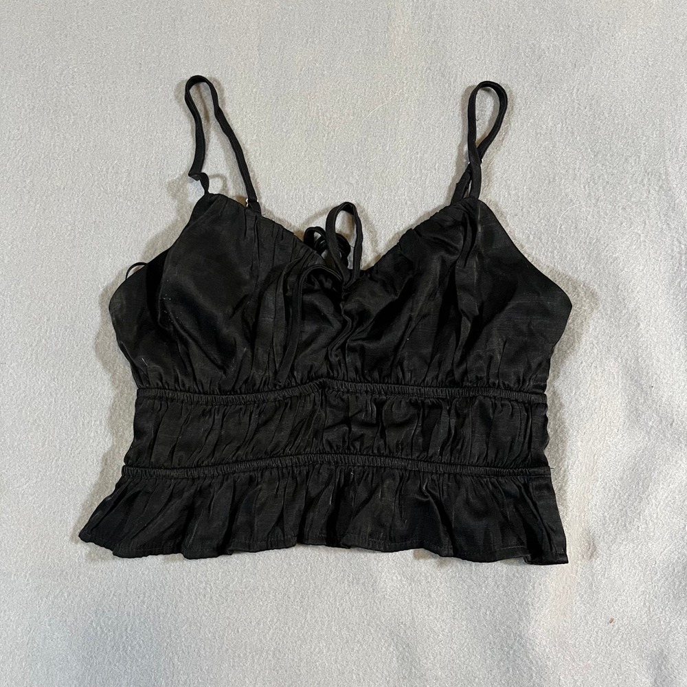 Forever‎ 21 Black Cami Top Spaghetti Strap Ruched Peplum Tank Blouse Small